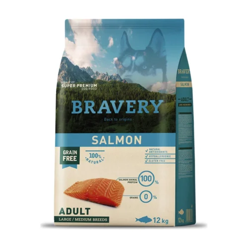 (12 ק"ג) ברייברי BRAVERY - סלמון ללא דגנים וגלוטן - היפואלרגני - לכלבים בוגרים מגזע בינוני וגדול
