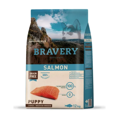 (12 ק"ג) ברייברי BRAVERY - סלמון ללא דגנים וגלוטן - היפואלרגני - לגורים מגזע בינוני וגדול