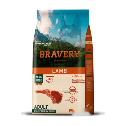 (2 ק"ג) ברייברי BRAVERY - כבש ללא דגנים וגלוטן - היפואלרגני - לכלבים בוגרים מגזע בינוני וגדול