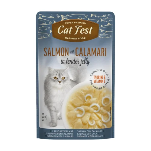 cat fest- פאוץ' חתולים פילה סלמון עם קלמארי 70 גרם