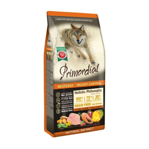 פרימורדיאל Primordial ללא דגן מסורסים ולייט הודו וסלמון 12 ק"ג