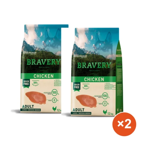 מארז 2 שקים (12 ק"ג) ברייברי BRAVERY - עוף ללא דגנים וגלוטן - היפואלרגני - לכלבים בוגרים מגזע בינוני וגדול — DOGMARKET