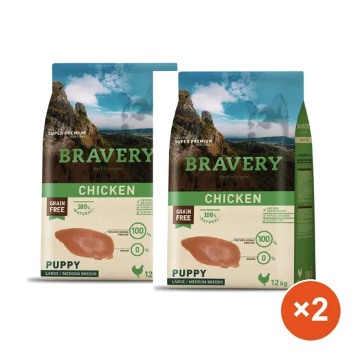 מארז 2 שקים (12 ק"ג) ברייברי BRAVERY - עוף ללא דגנים וגלוטן - היפואלרגני - לכלבים גורים מגזע בינוני וגדול — DOGMARKET